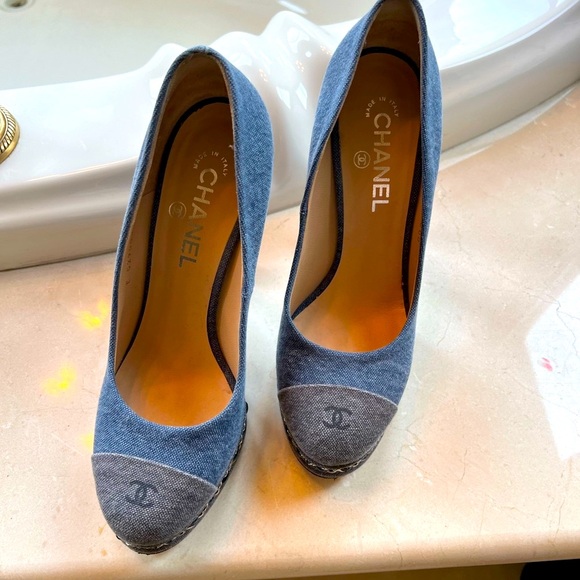 Chanel Denim Chain Around Cap Toe Platform Pumps 40 Blue Gris Fonce - Picture 3 of 7
